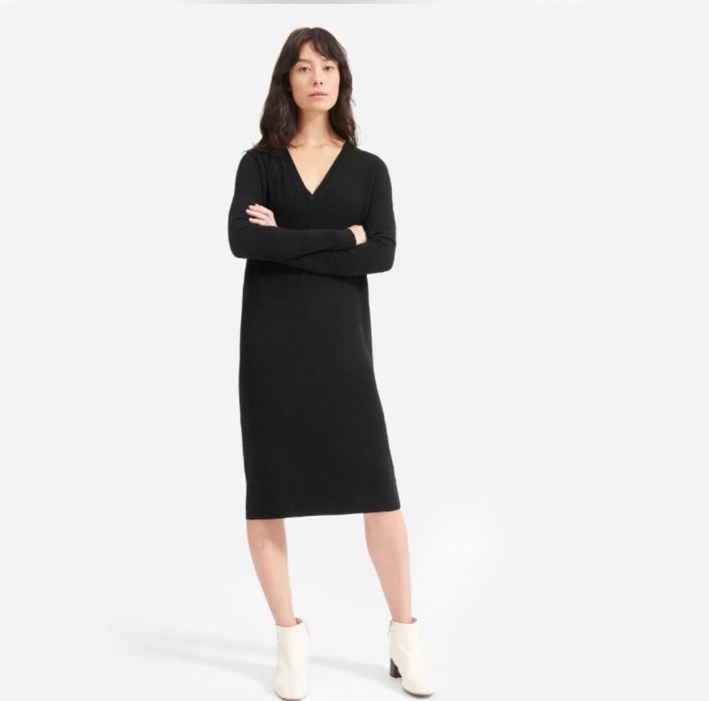 Everlane Women’s 100% Cashmere Black V-Neck Midi Sweater Dress Size Small